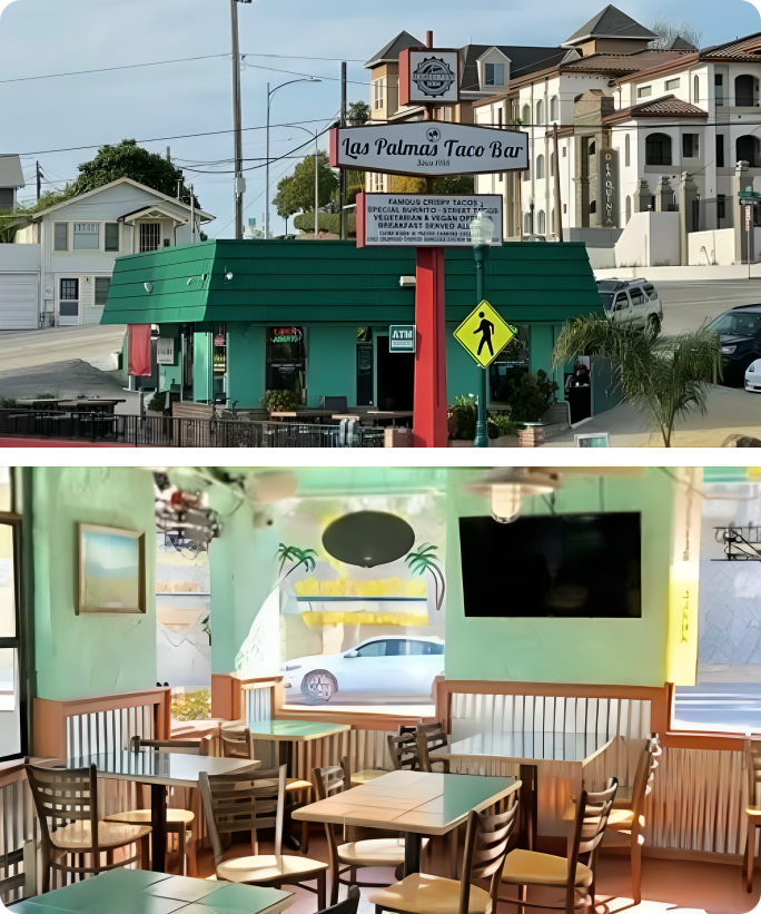 Green taco bar exterior and interior view.