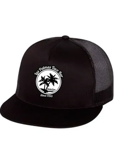 Black cap with palm tree logo design.