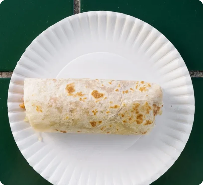 Burrito on a white paper plate.