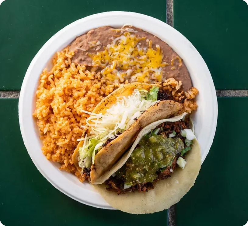 Taco plate with rice and beans.