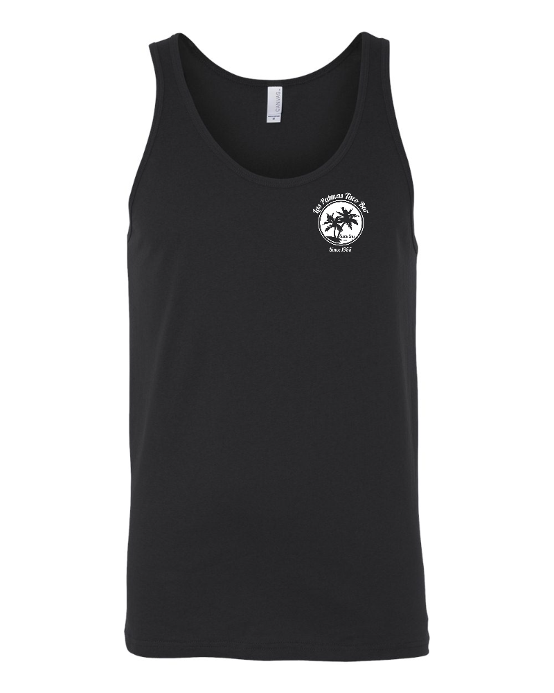 Black tank top with white palm logo.