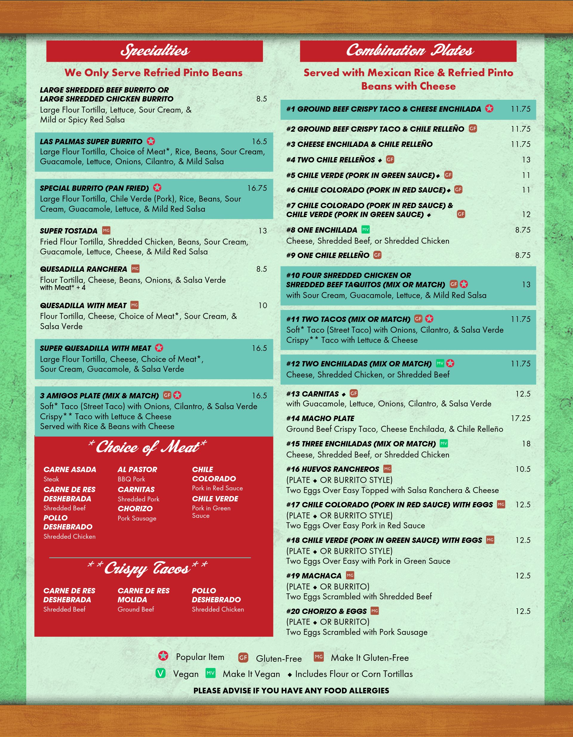 Mexican restaurant menu featuring specialties and combos